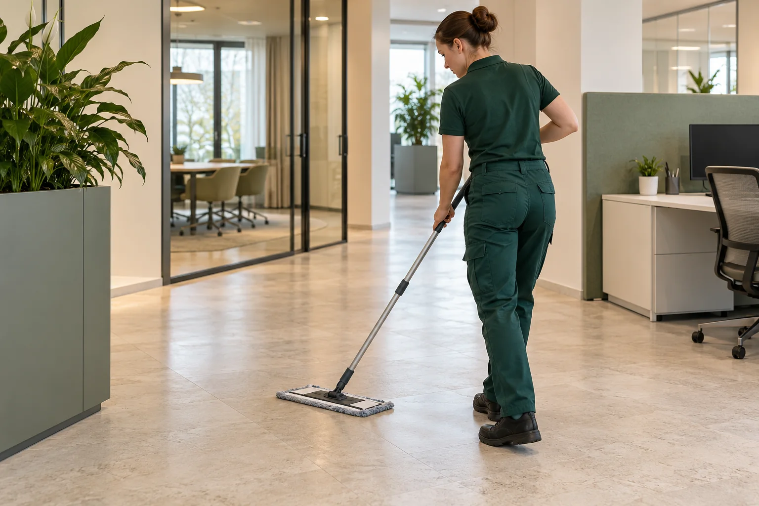 Reinigungskraft führt einen Flachmopp über den Boden eines hellen Büros.